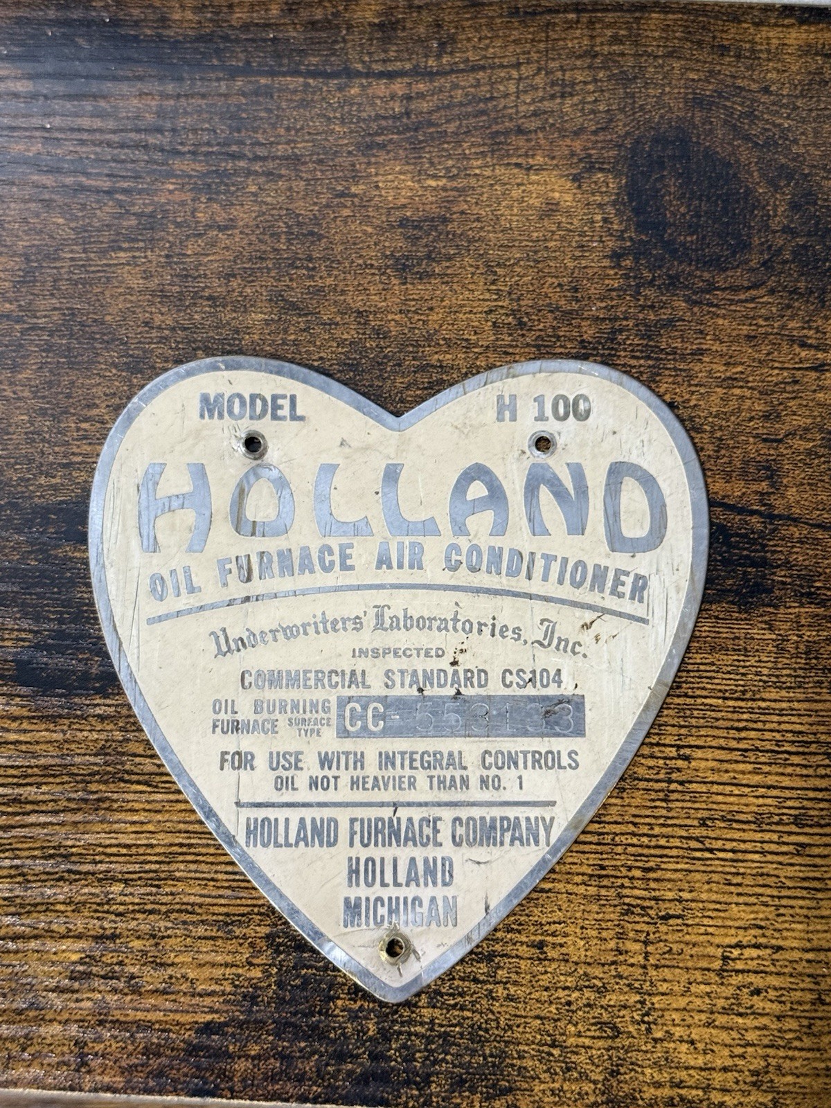 VINTAGE HOLLAND FURNACE COMPANY NAMEPLATE ID TAG BADGE SIGN  HOLLAND MICHIGAN
