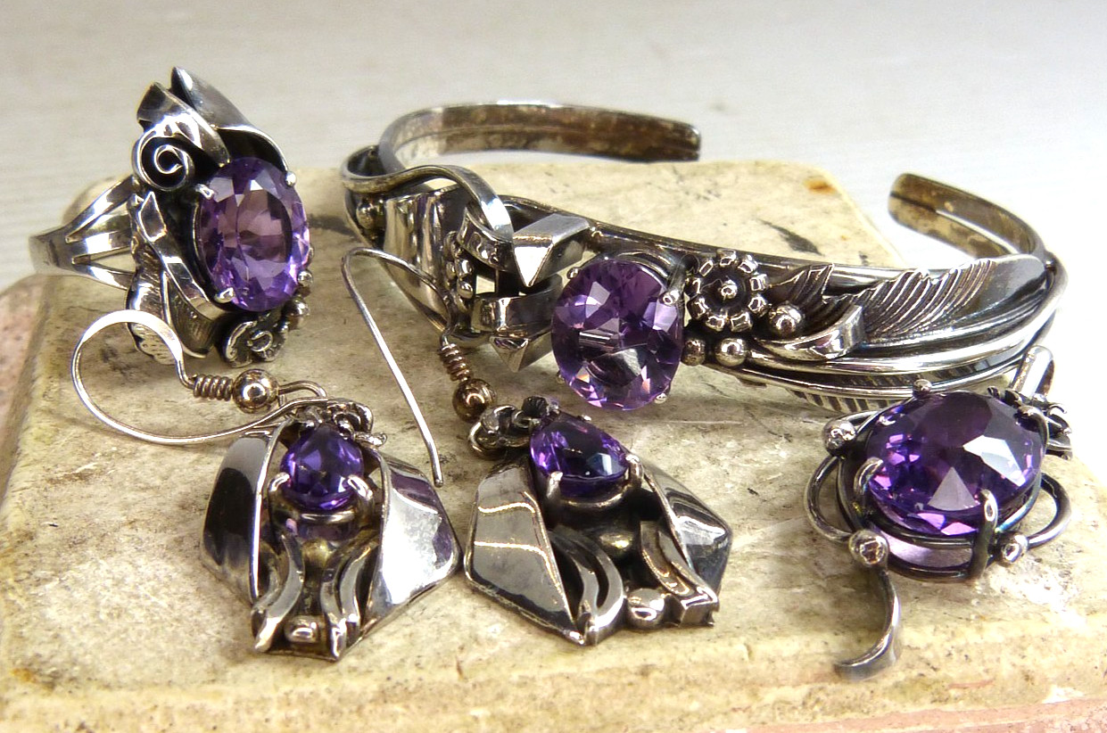 Vintage Navajo Les Baker Sterling Silver & Amethyst Bracelet ,Ring , Earrings