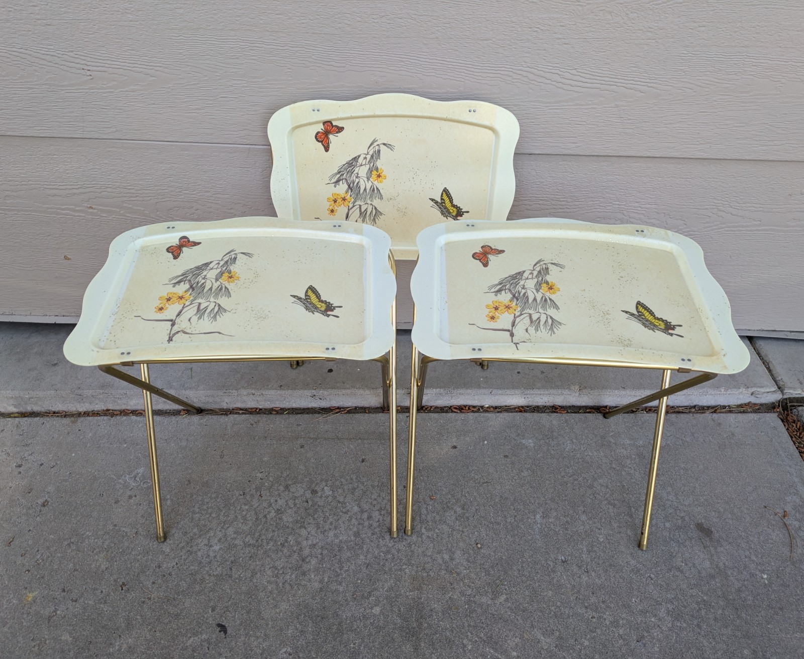 Vintage MCM Quaker Set of 3 Folding Fiberglass TV Trays Tables Butterfly Floral