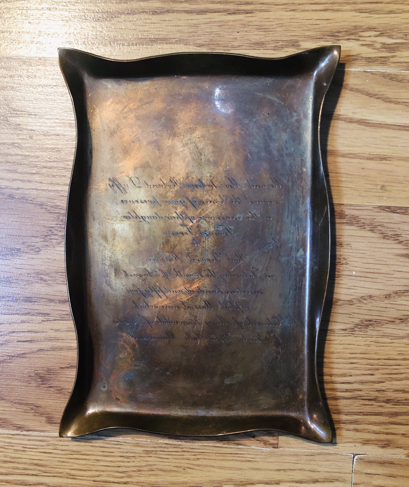 Vintage 1954 Antique Brass Copper Tray Wedding Announcement Engraved Invitation