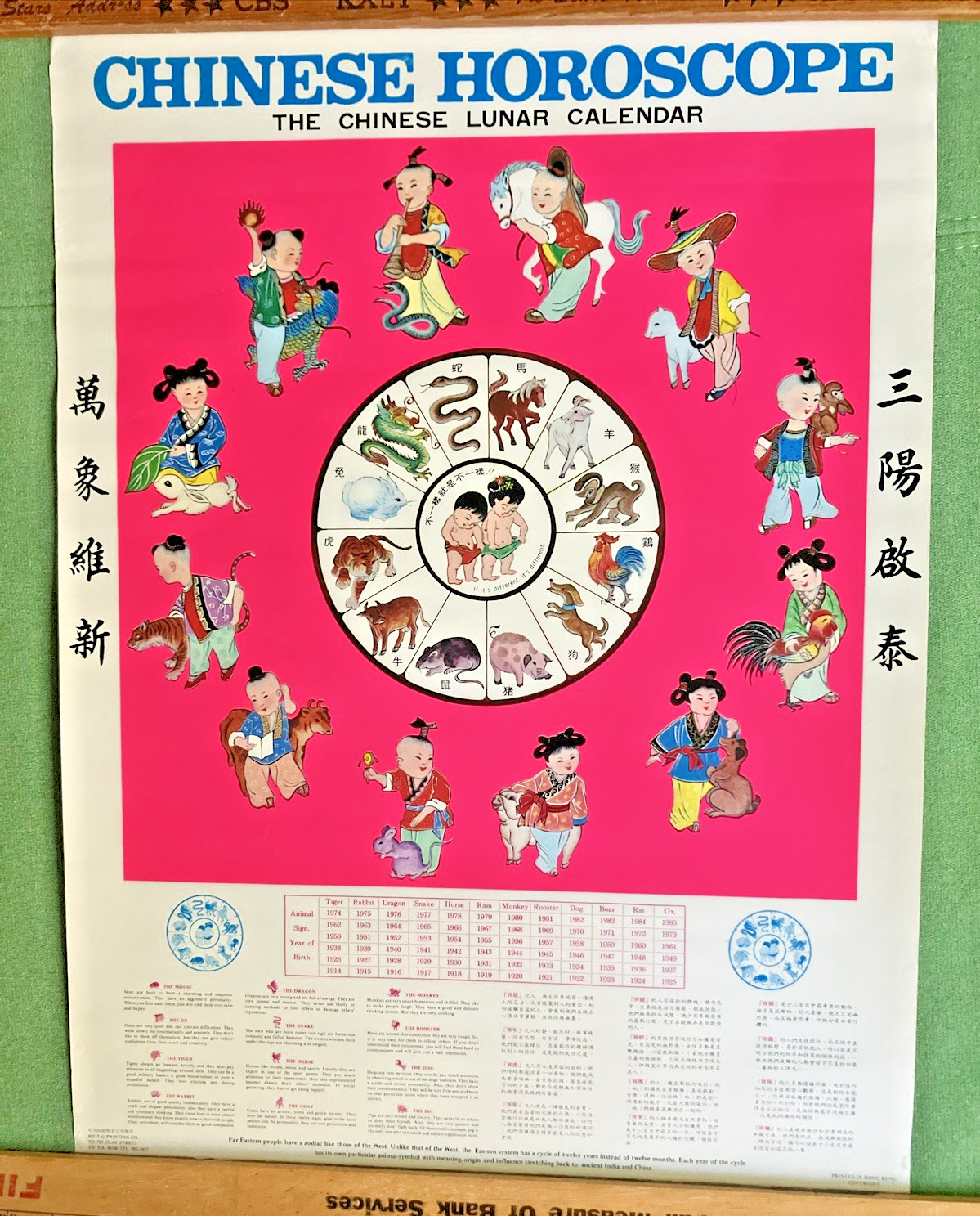 Vintage Chinese Zodiac Horoscope Poster Hong Kong 17.25\
