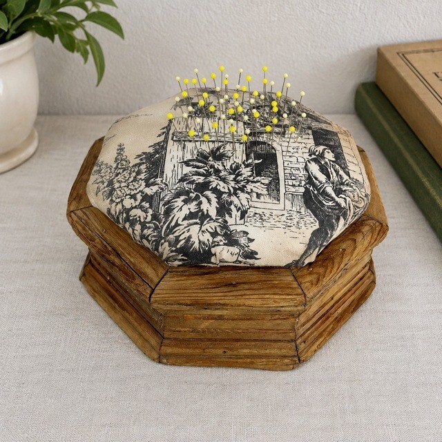 Vintage Hand Carved Wood Pin Cushion Toile Fabric Octagon Sewing Decor 10\