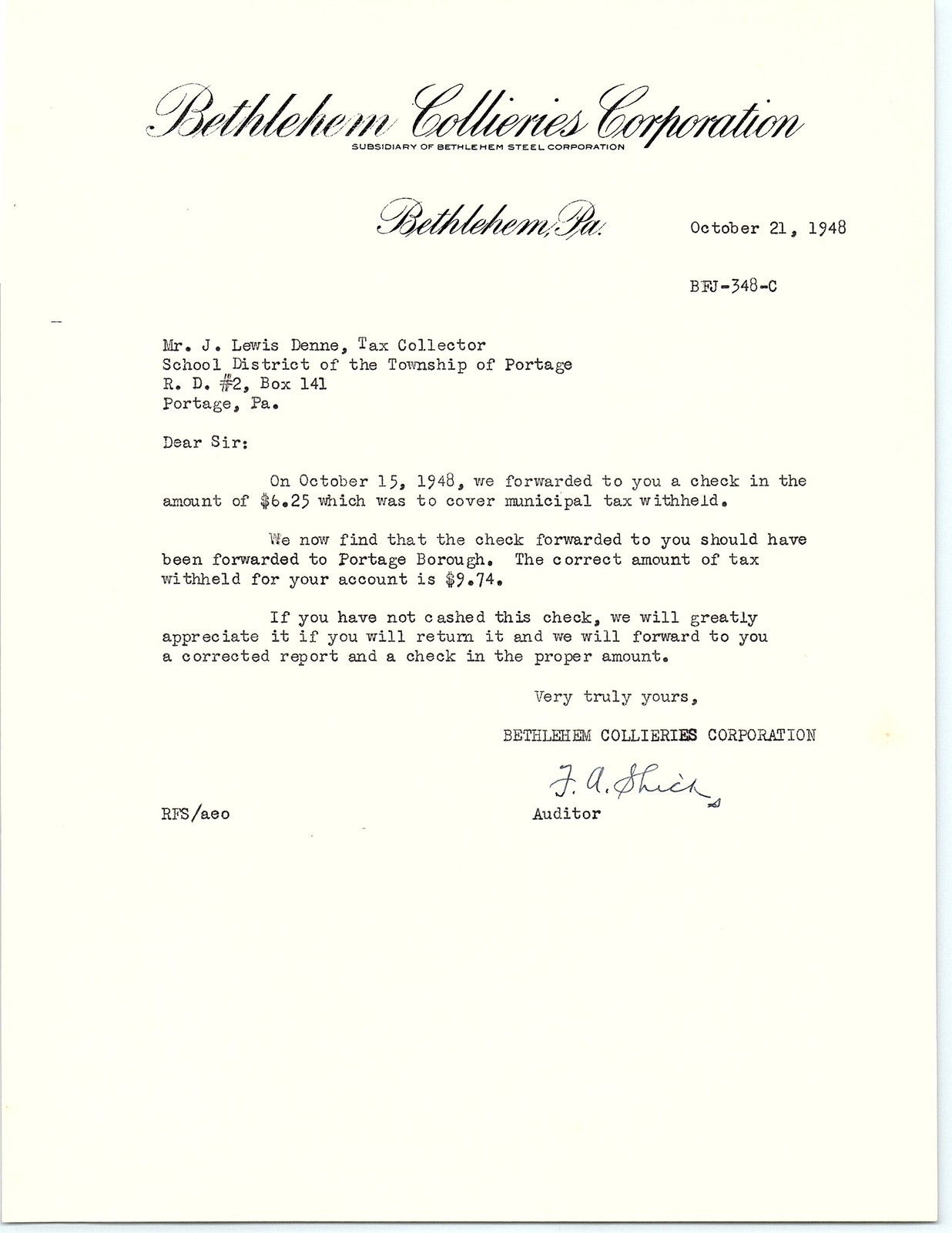 1948 Bethlehem Collieries Corp. Tax Letter to Portage PA