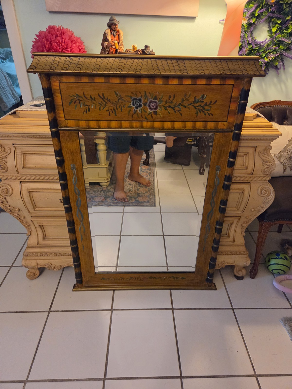 Vintage Faux Bamboo Hand Painted Pagoda Regency Wall Mirror