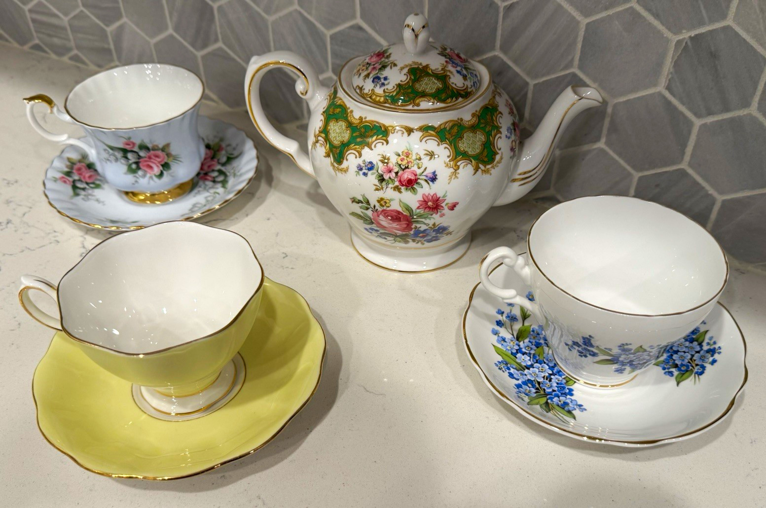 Vintage English Bone China Tea Set Tuscan Teapot Royal Albert Ascot 3 Cups