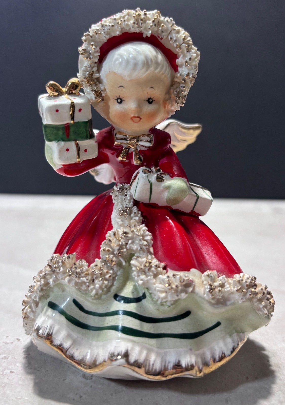 Vintage Napco Christmas Angel Girl Figurine Presents Spaghetti Trim Japan