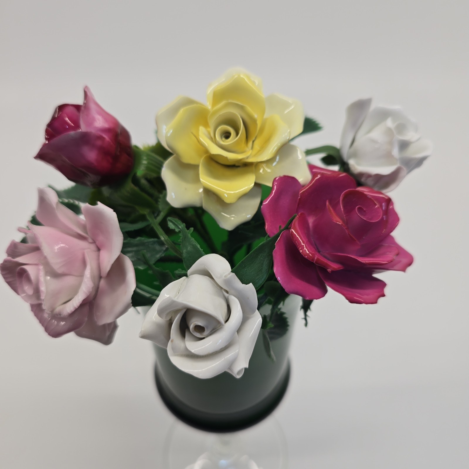Vintage Lot Porcelain Flowers Roses Plastic Stems Mid Century Exquisite X 6 MCM