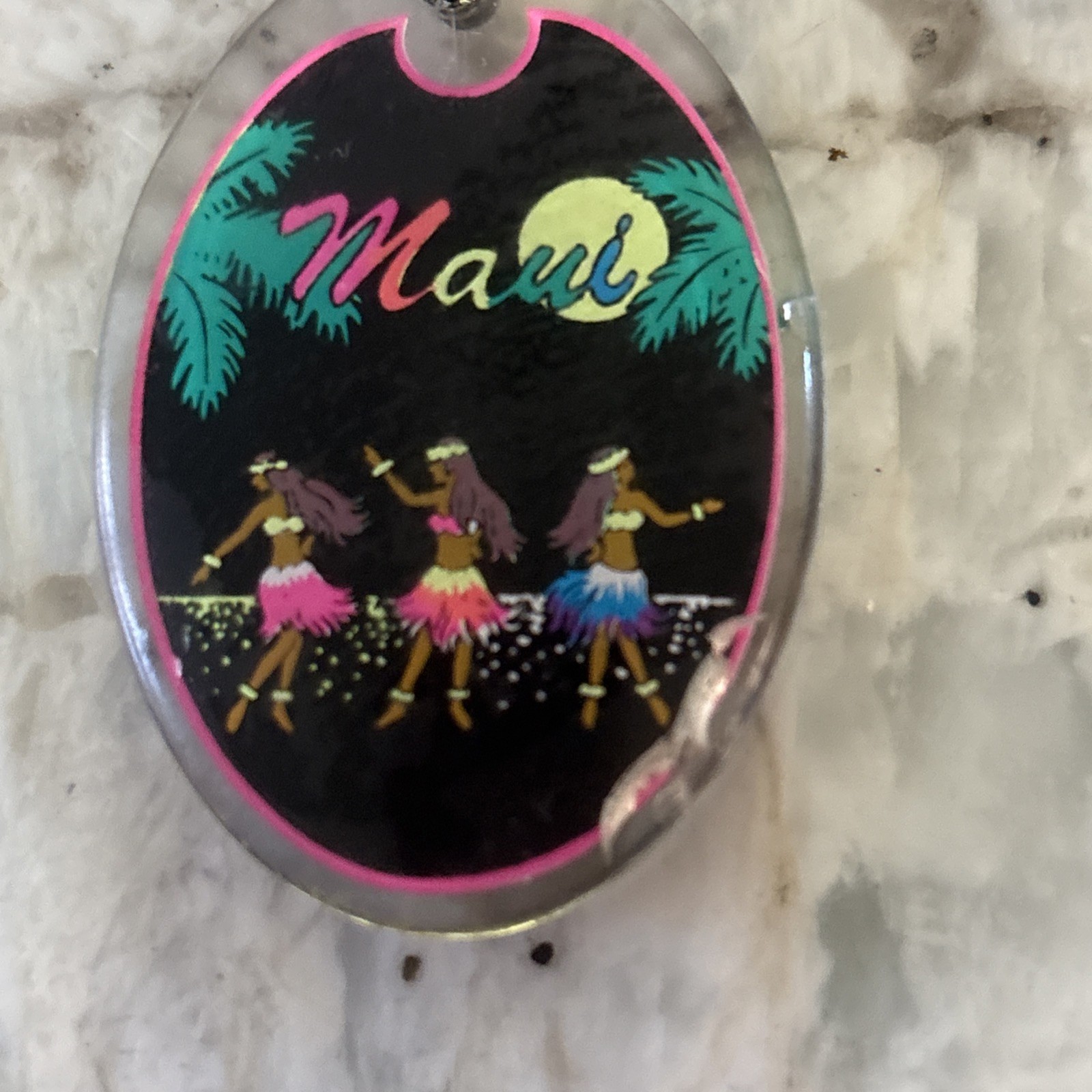 Vintage Maui Hawaii Acrylic Key Chain Neon Hula Girls Dancing