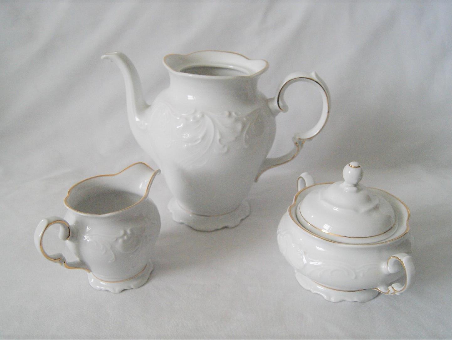 Royal Kent Poland Embossed White Gold Coffee Tea Pot Creamer & Sugar Bowl Set
