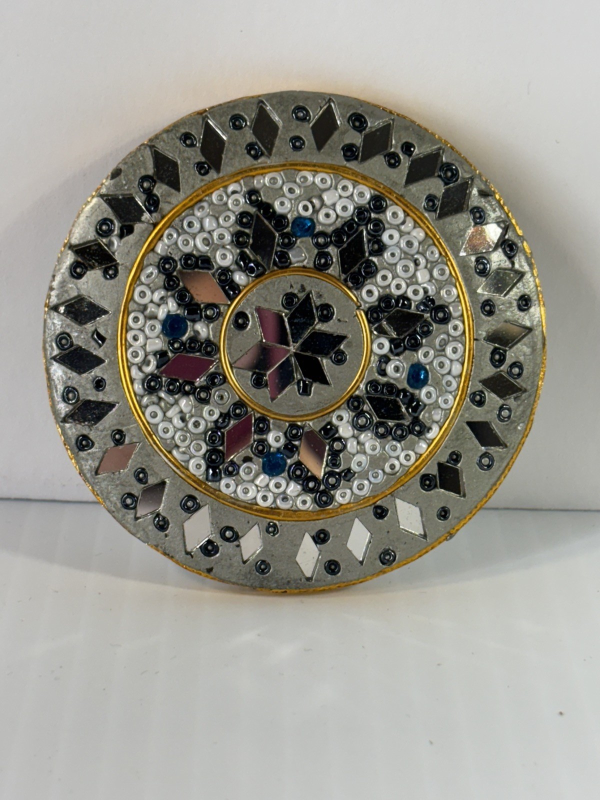 Vintage Gold Light Blue Beaded Mosaic Pocket Mirror Made in India