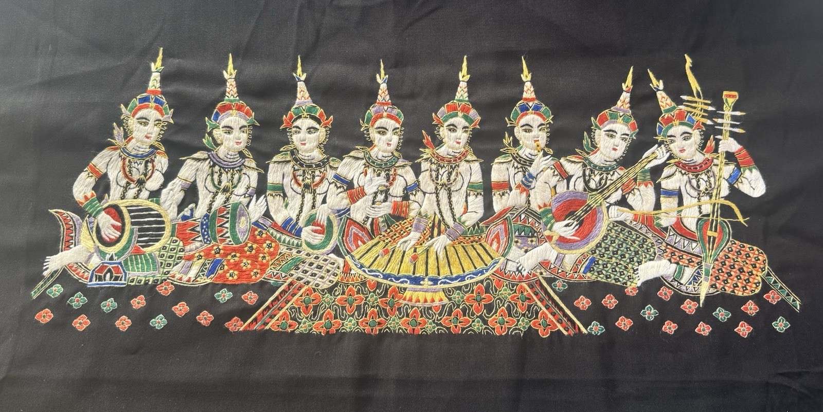 Vintage Thai Hand embroidered, Black Cotton backing, Met/gold thread outliines.