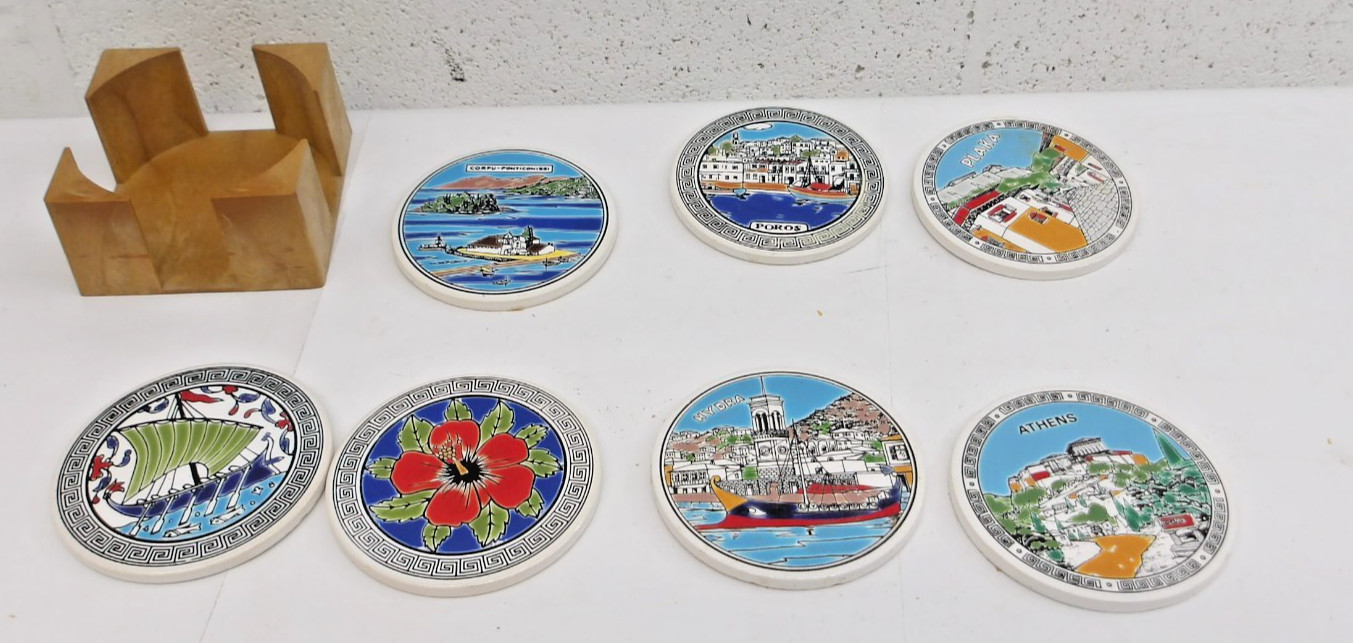 vintage set of Greek ceramic souvenir coasters with a wooden holder NIARCHOS