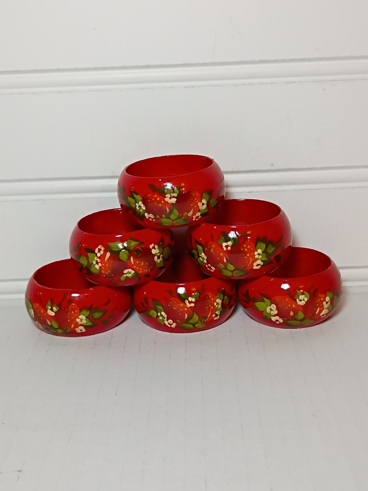 Vintage Handpainted Russian Laqured Strawberry Motif Napkin Rings Set  Gorgeous