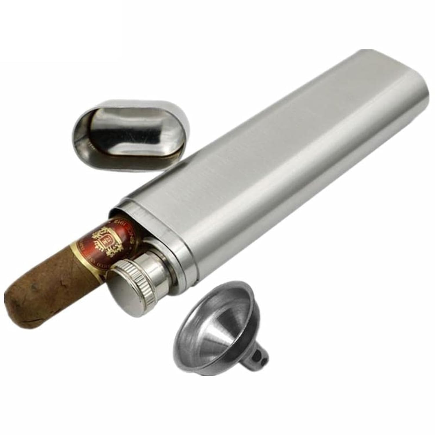 Stainless Steel 1Finger Cigar Case with 2oz Tube Flask Metal Cigar Tube Pocke... Stainless Steel 1Finger Cigar Case with 2oz Tube Flask Metal Cigar Tube Pocke...