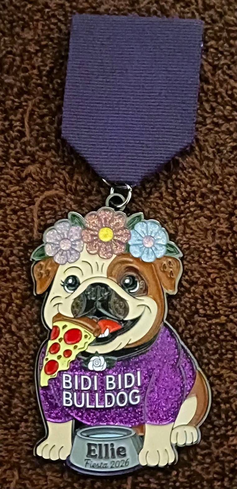 Bidi Bidi Bulldog Ellie Fiesta English Bulldog Metal Medal w/ Purple Ribbon
