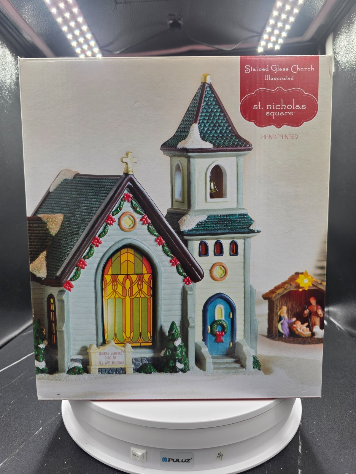 St. Nicholas Square Stained Glass Church Illuminated Christmas Village 2016