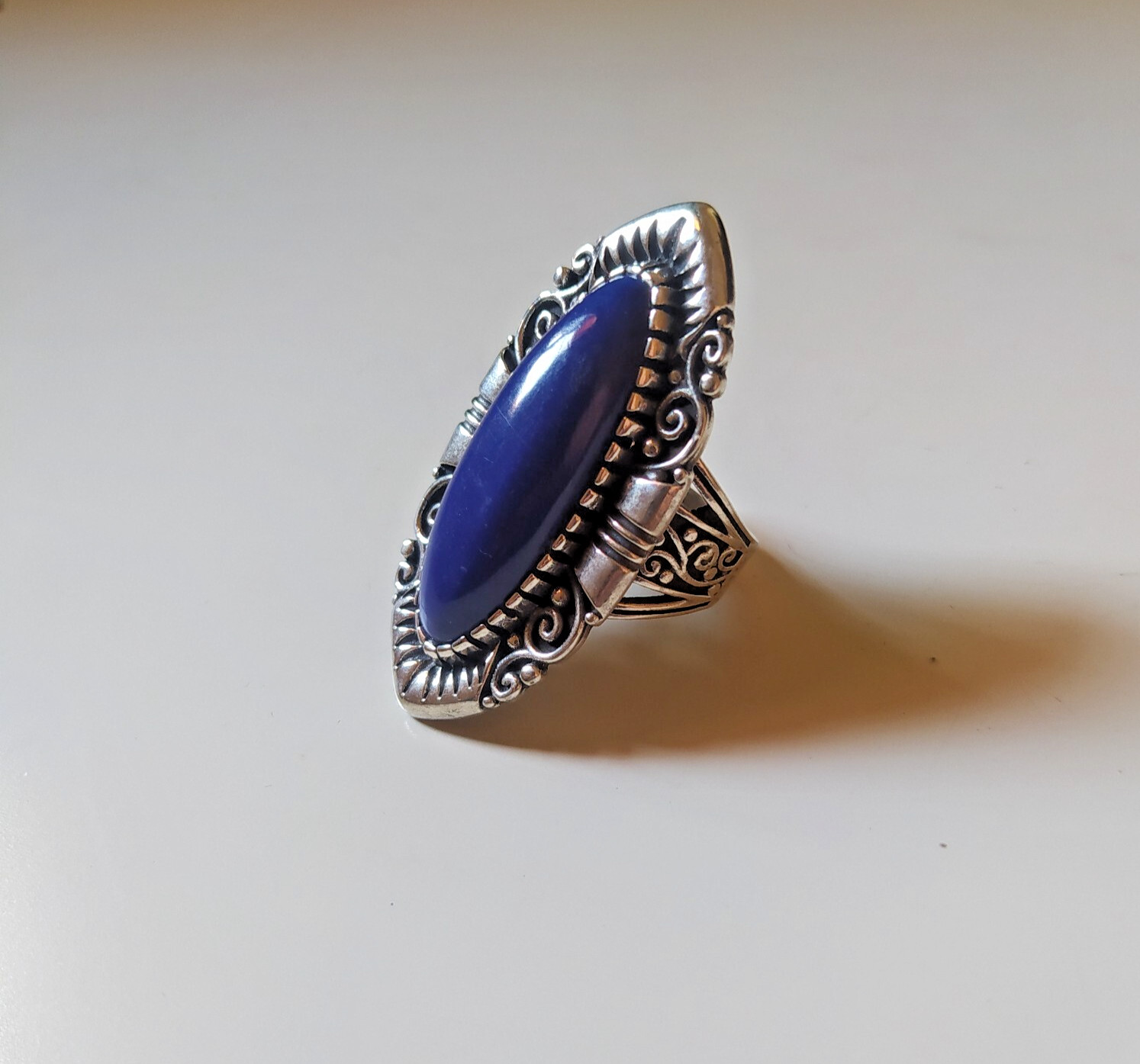 Ancient Victorian Sterling Silver Ring Vintage Engraved Lapis lazuli Size 8.5