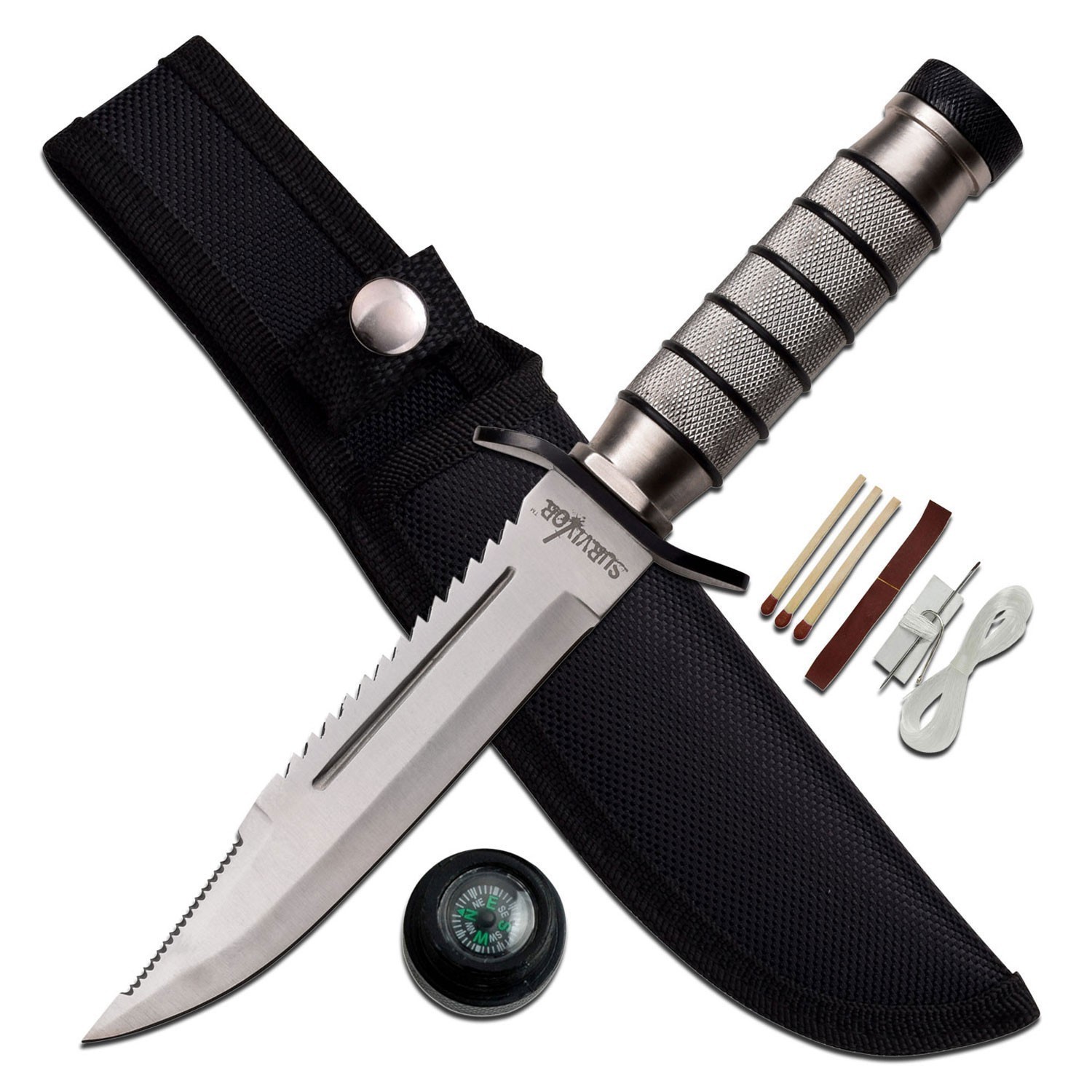 Survivor Fixed Blade Knife w/Compass & Survival Kit-Aluminum Handle+Nylon Sheath Survivor Fixed Blade Knife w/Compass & Survival Kit-Aluminum Handle+Nylon Sheath