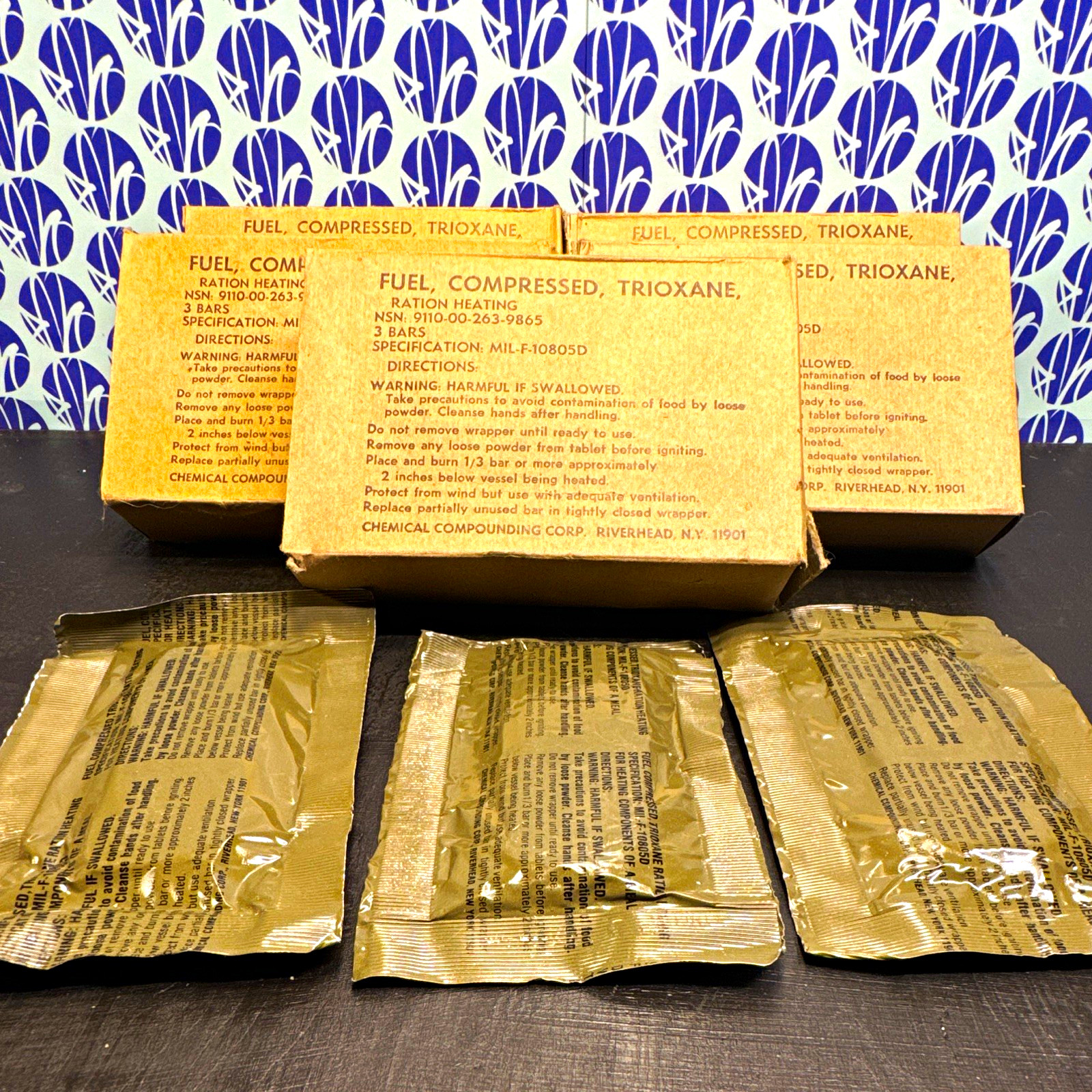 Compressed Trioxane Ration Heating Fuel- 3 Bars Per Box- 15 Total Bars - 5 boxes