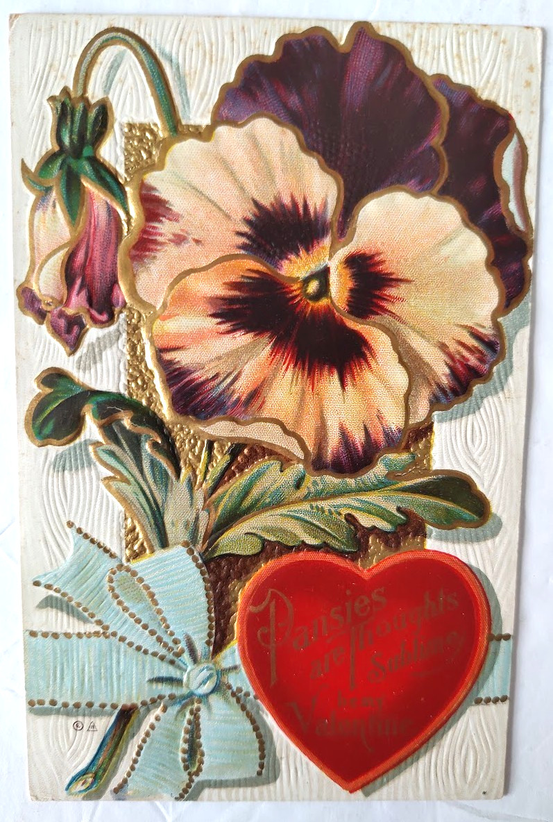 VTG 1910 NASH VALENTINE POSTCARD BIG PANSY HEART PANSIES ARE THOUGHTS SUBLIME