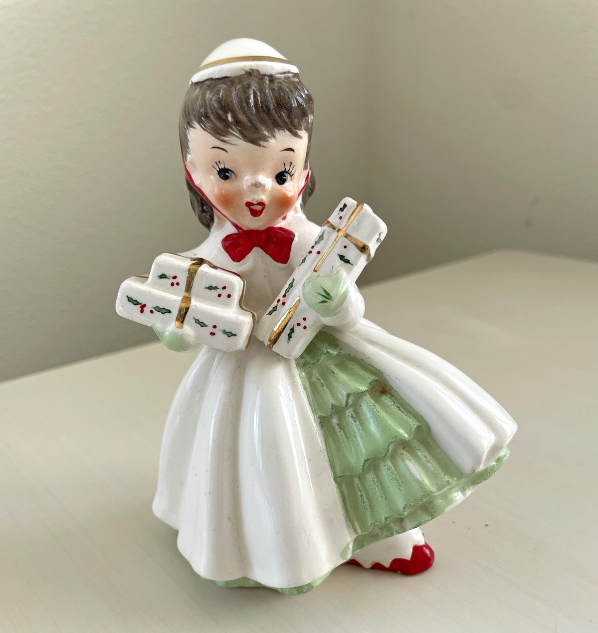 Vintage 1956 Girl Christmas Figurine Hand Painted Glazed Ceramic 5.5” Napco Vintage 1956 Girl Christmas Figurine Hand Painted Glazed Ceramic 5.5” Napco