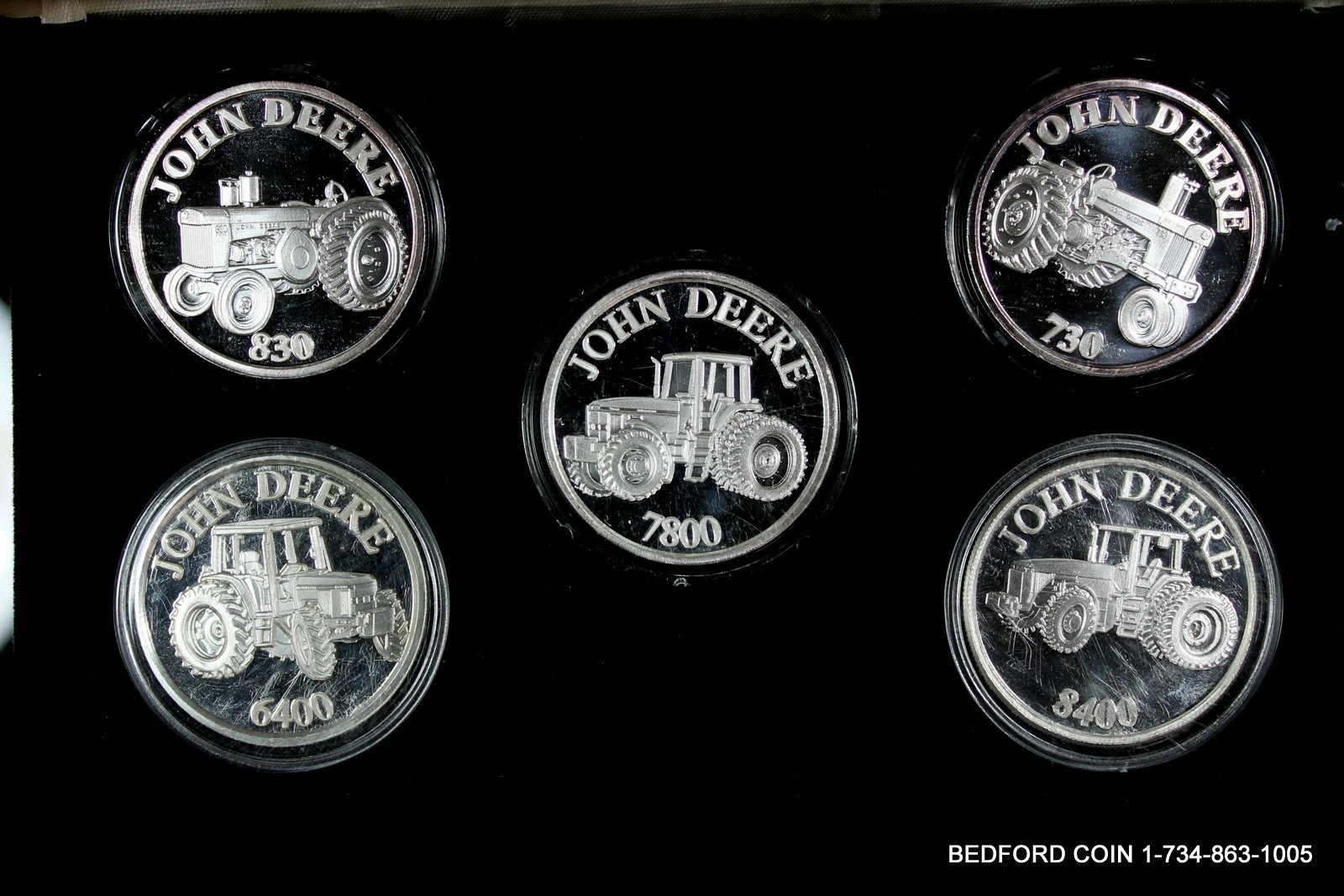 BU (5pc SET) OF 1 oz .999 SILVER JOHN DEERE TRACTORS 730 ,830 ,6400 ,7800 ,8400