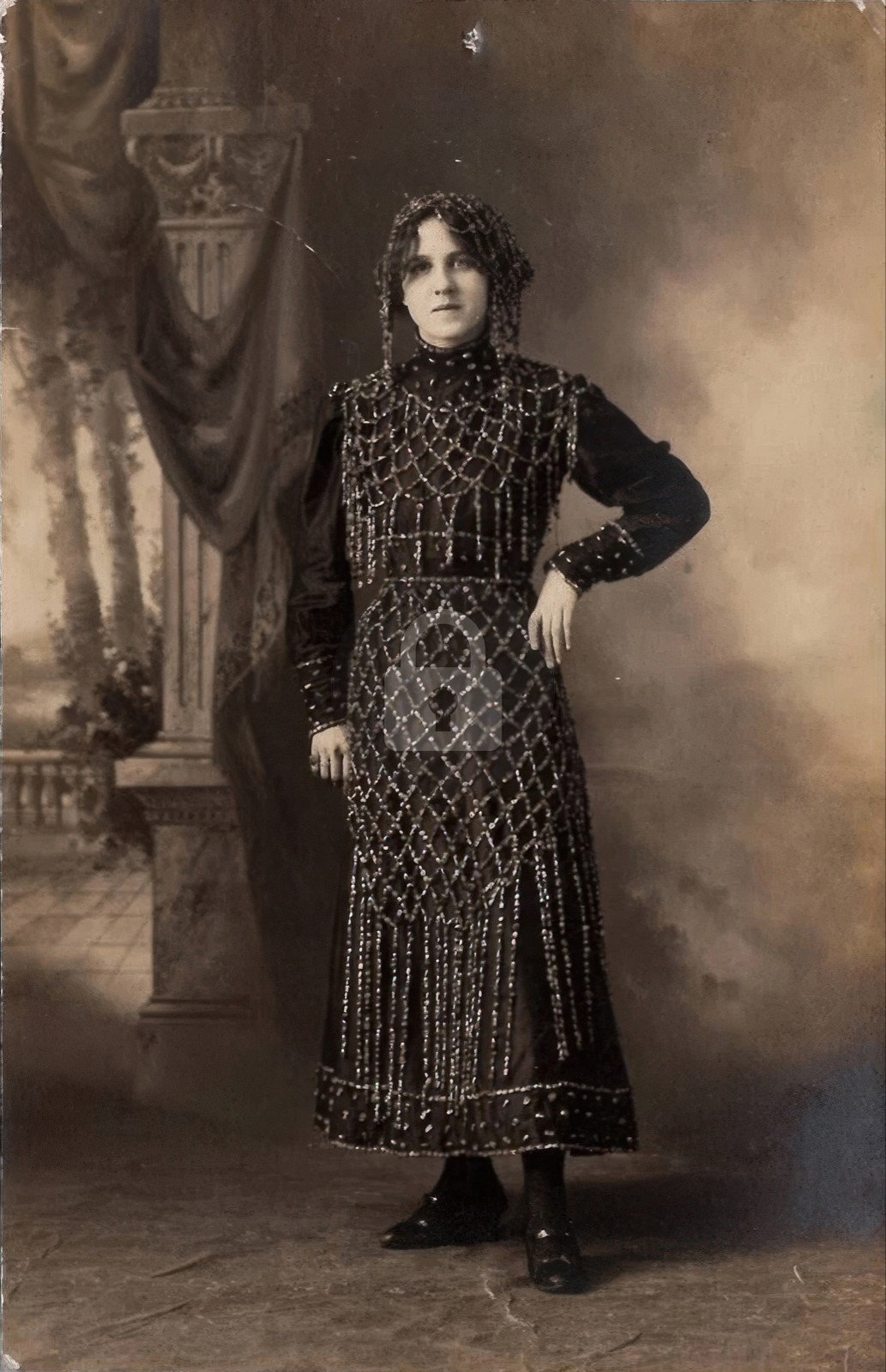 Woman Poses in Beautiful Edwardian Beaded Dress Studio RPPC Photo Postcard COPY