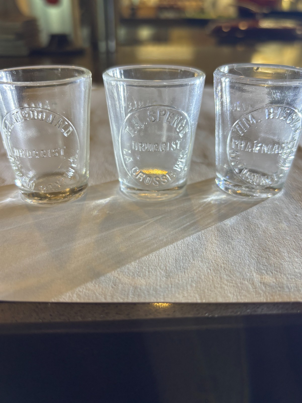 MEDICINE DOSE GLASS - WISCONSIN, SET OF THREE DIFFERENT CITIES. 