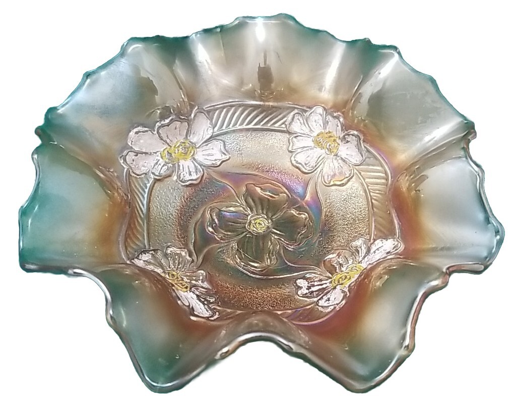 Dugan Marigold Carnival Glass Apple Blossom Ruffled Candy Dish Bowl Iridescent