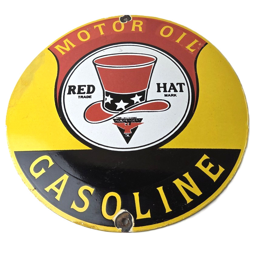 Vintage Red Hat Motor Oil Porcelain Sign - Gasoline Pump Plate Service Ad Sign Vintage Red Hat Motor Oil Porcelain Sign - Gasoline Pump Plate Service Ad Sign