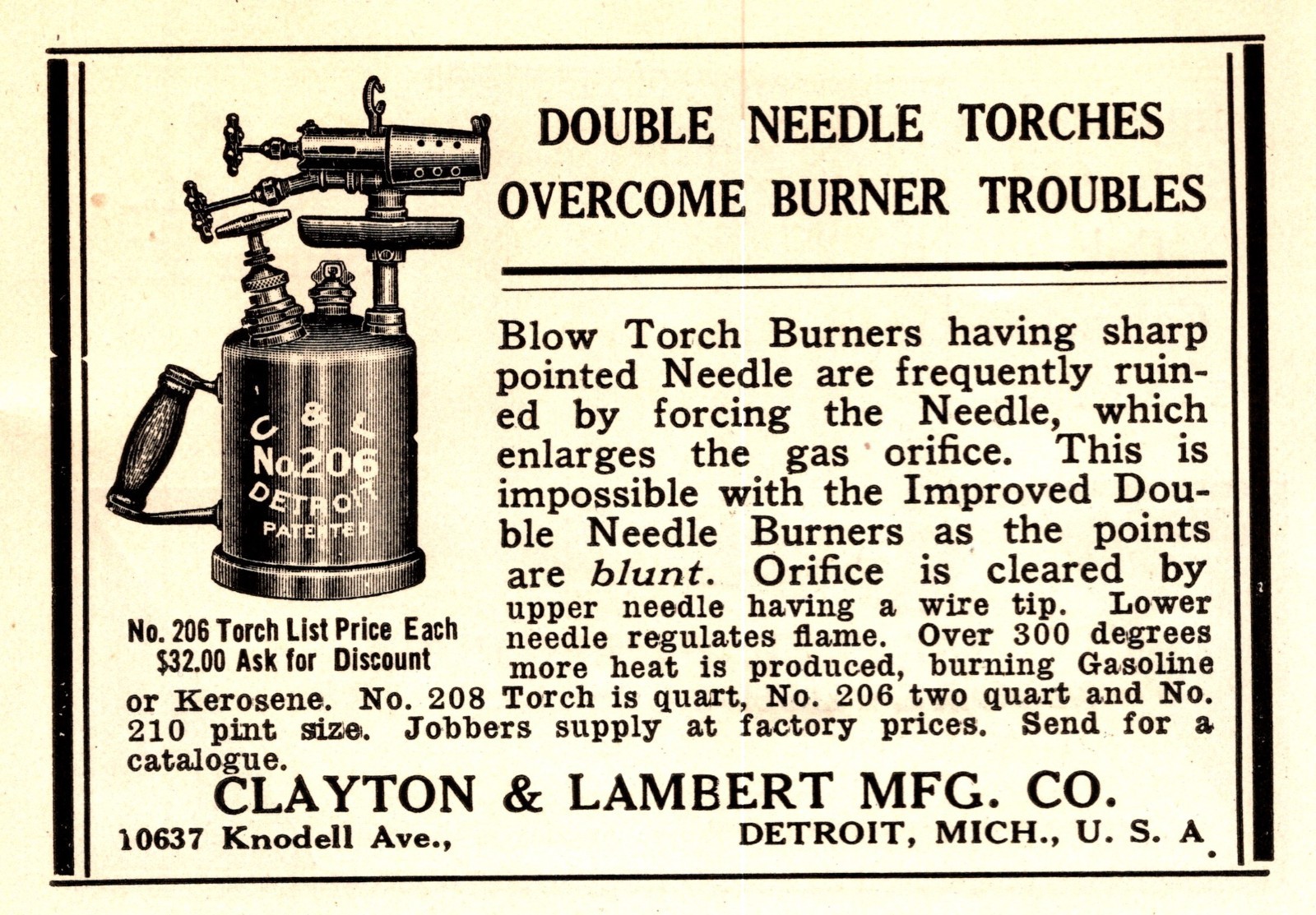 1923 Clayton & Lambert Blow Torch Print Ad / Advertisement (3.5in X2.5in)