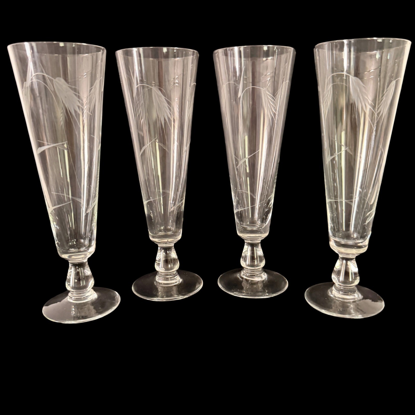 Vintage Etched Wheat Pilsner Glasses Set of 4 Clear Glass Tapered Flute 8.25in