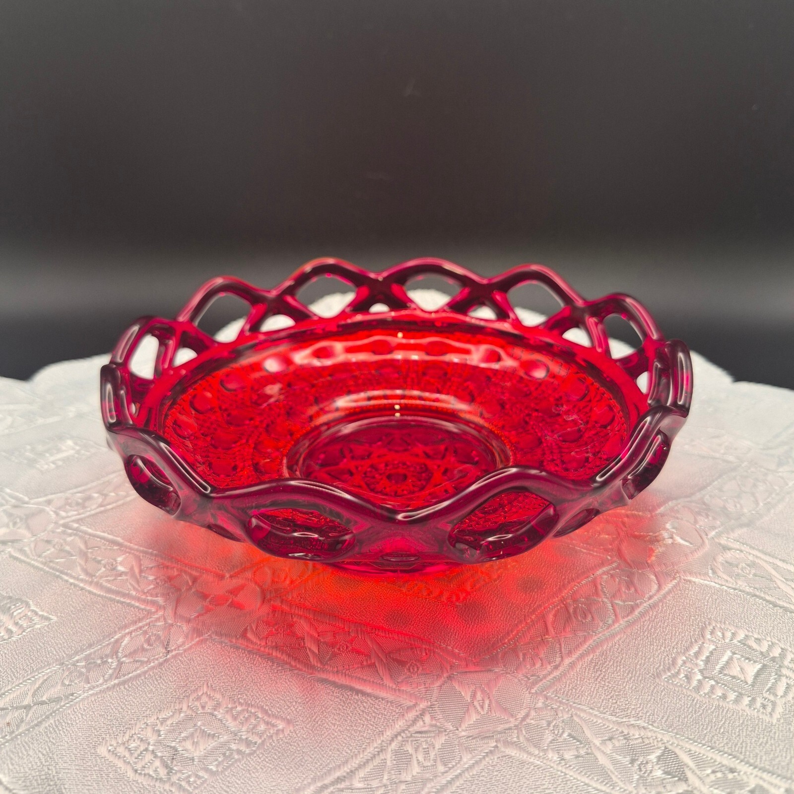 Imperial Glass Vintage Ruby Red Lace Design Serving Bowl with Open Lattice Edge Imperial Glass Vintage Ruby Red Lace Design Serving Bowl with Open Lattice Edge
