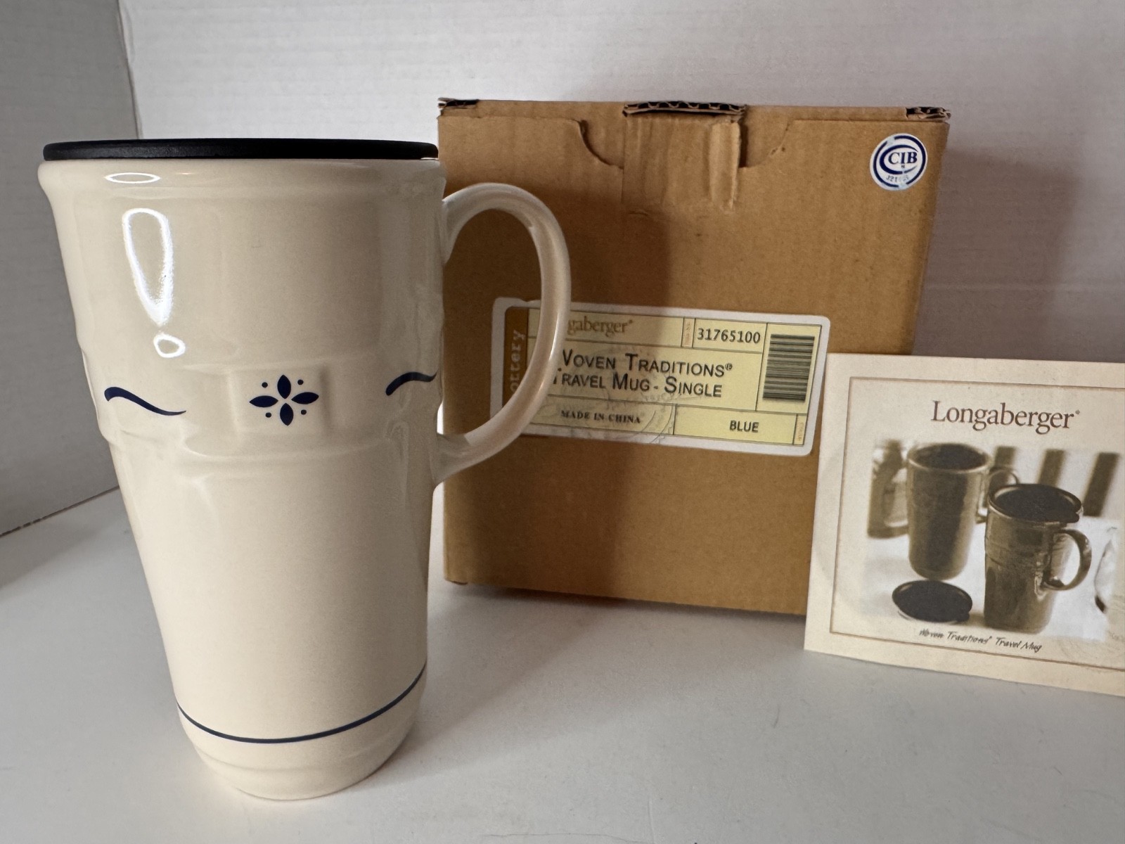 NIB Longaberger Pottery Woven Traditions Travel Mug Blue 16 oz Stoneware 3176510
