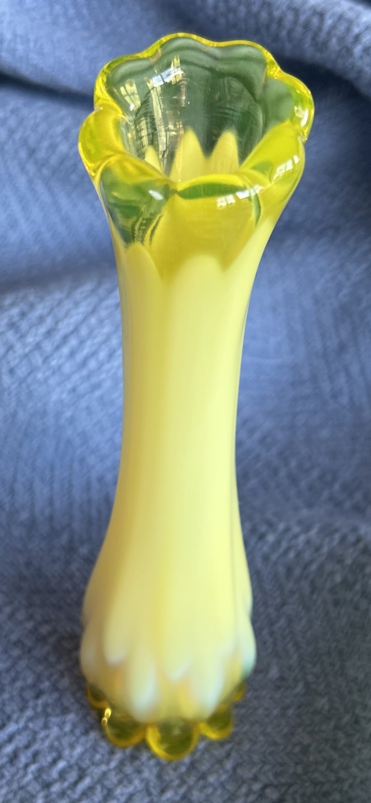 Vintage Fostoria Heirloom yellow opalescent vaseline glass swung bud vase 6