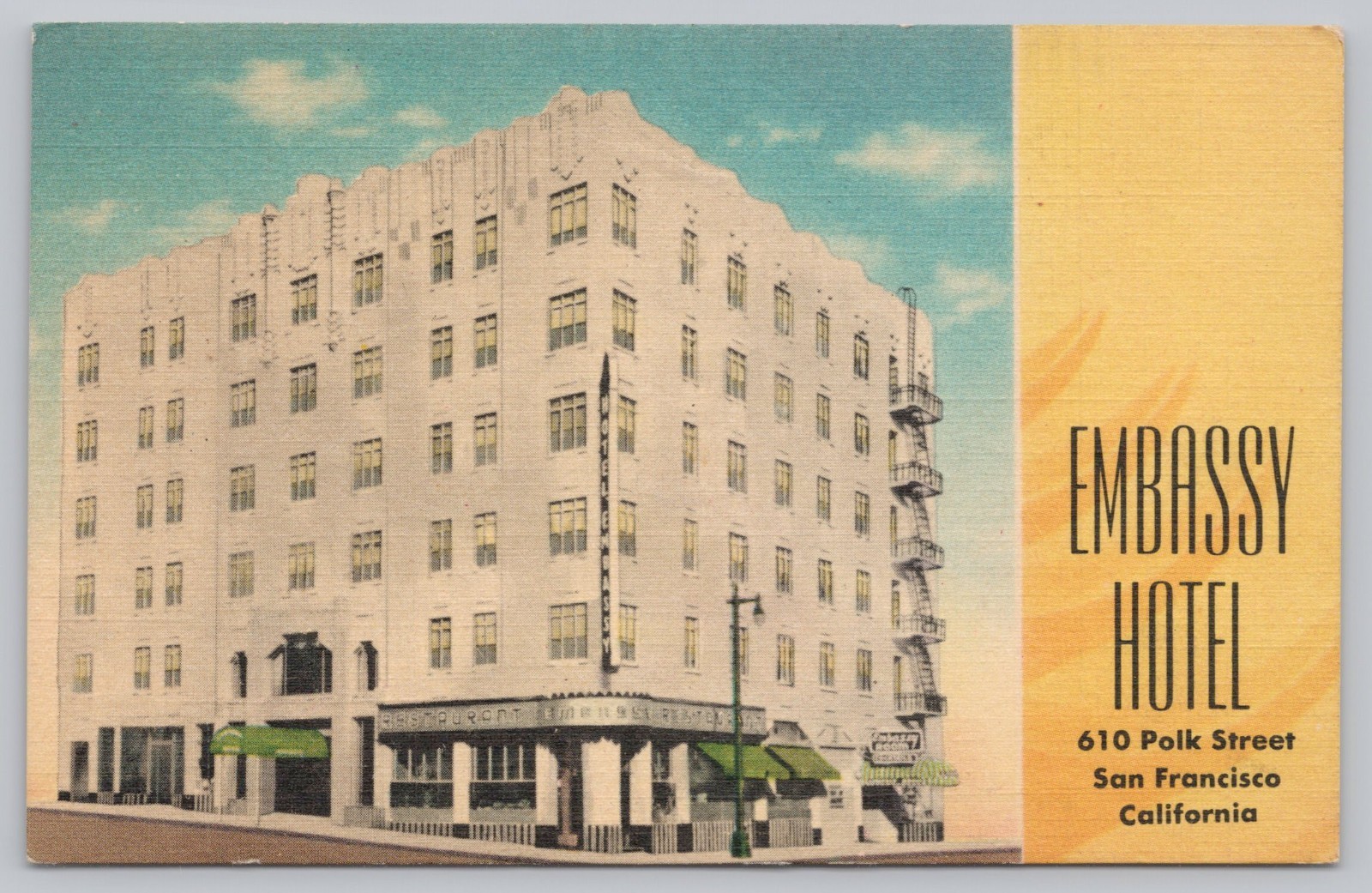 Embassy Hotel, 610 Polk Street, San Francisco CA California Postcard 1954