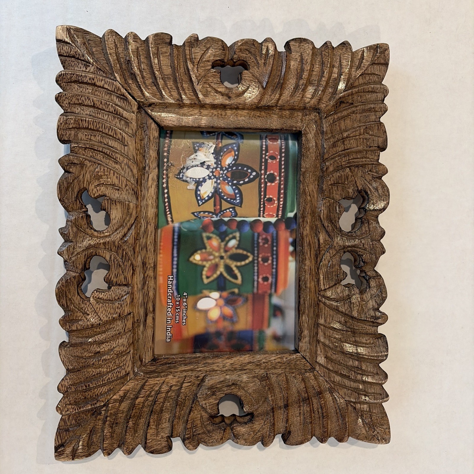 Ornate Hand Carved Wood Standing Frame With Glass 4x6” Made In India