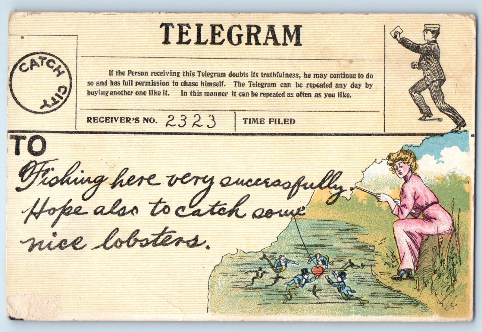 1909 Telegram Pretty Woman Fishing Heart Bait Hatfield Missouri MO Postcard