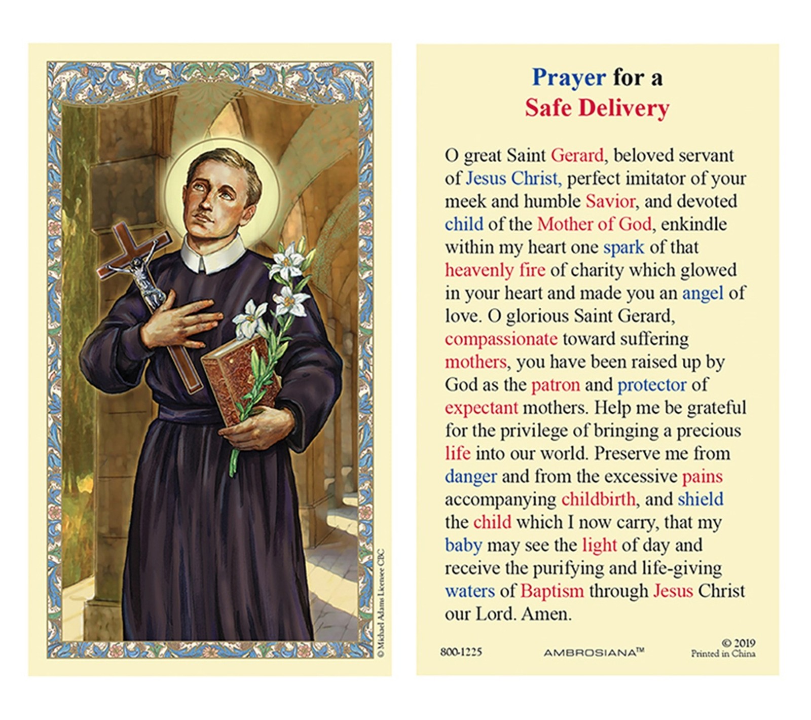 St Gerard Safe Delivery Laminated Holy Card Patron of Motherhood