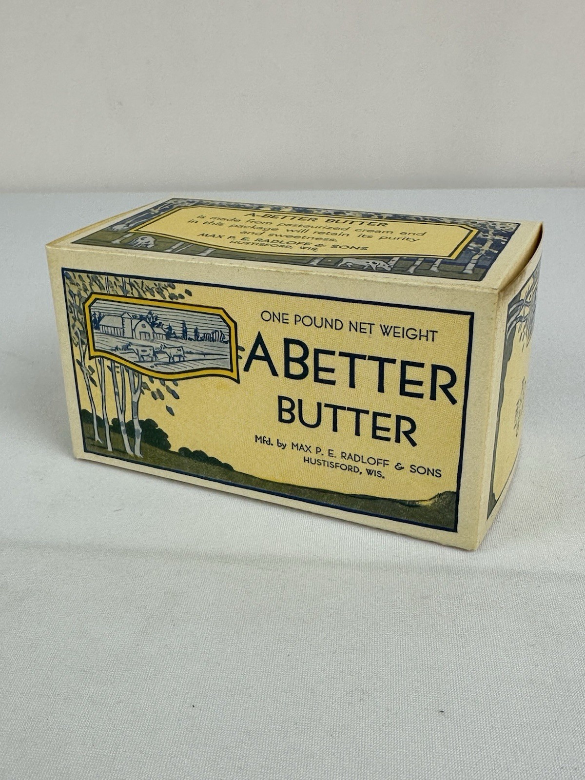 Vintage A-Better Butter 1 Lb Cardboard Butter Box Max P.E. Radloff Hustisford WI