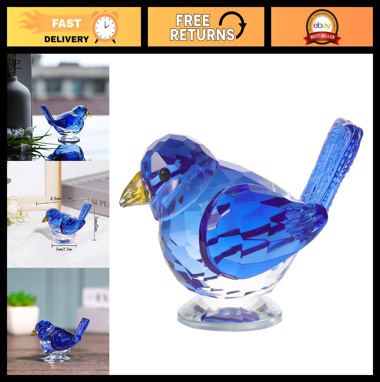Handmade Blue Crystal Bird Figurine - Collectible Glass Animal Decor Paperweight