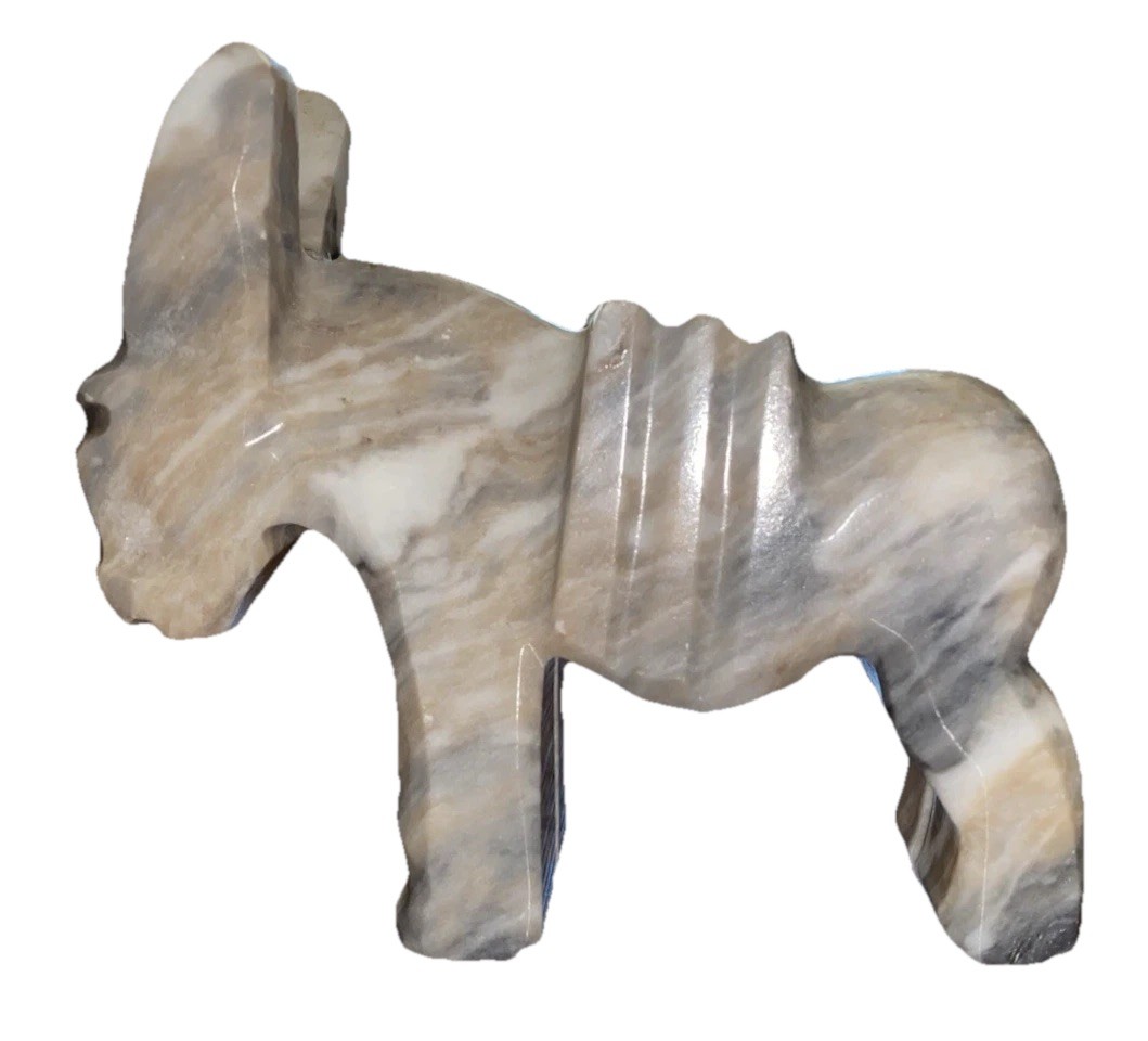 Handcrafted Marbled Onyx Donkey/Mule Figurine White Tan Gray
