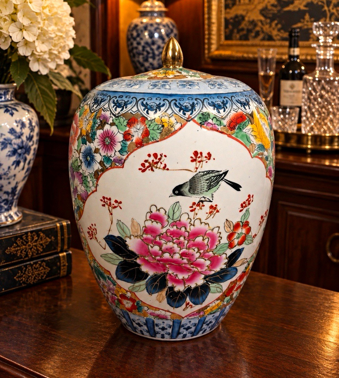 Large Chinese Famille Rose Style Porcelain Ginger Jar With Bird Floral Details 