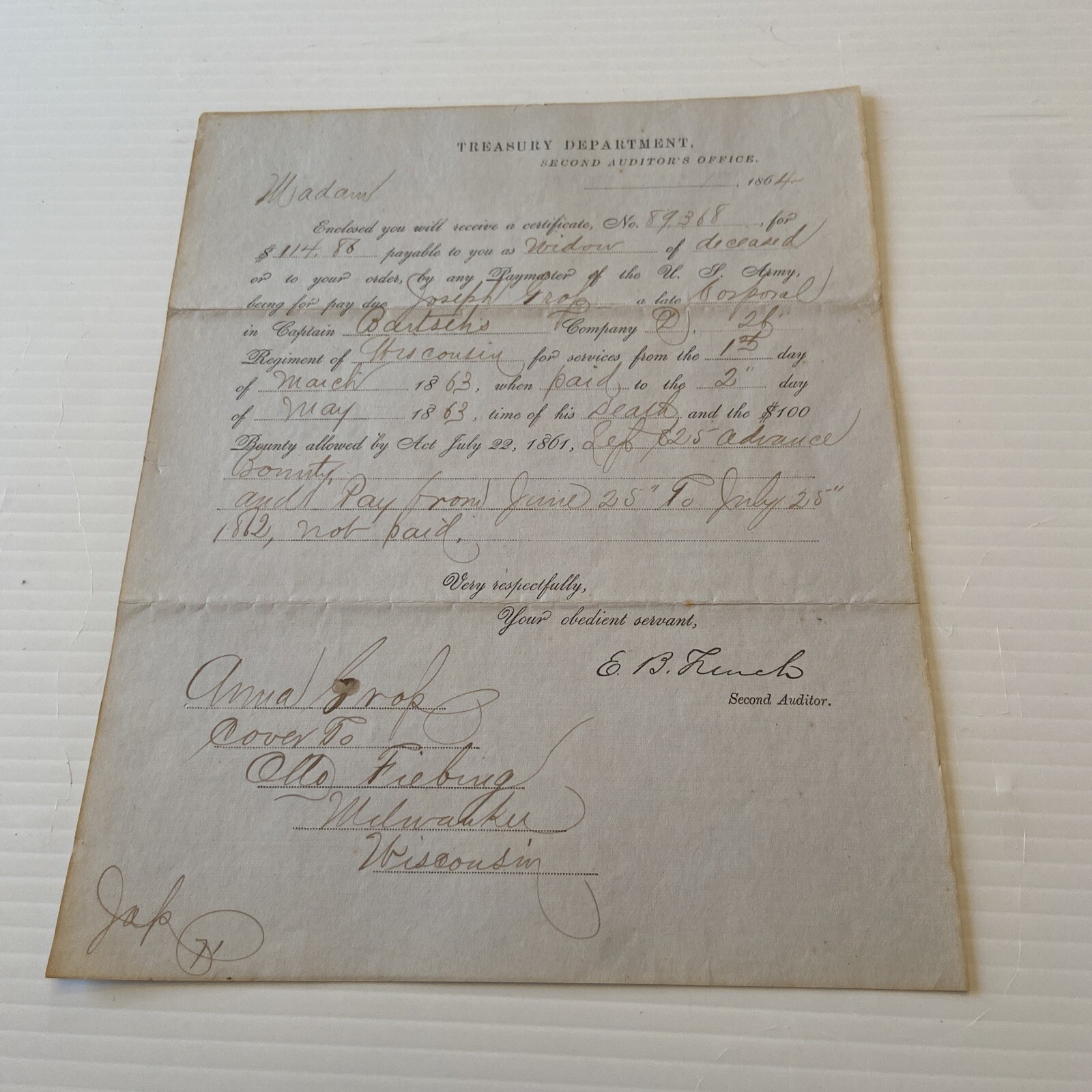 1864 U.S. Treasury Department Second Auditors Office Letter Milwaukee WI #H