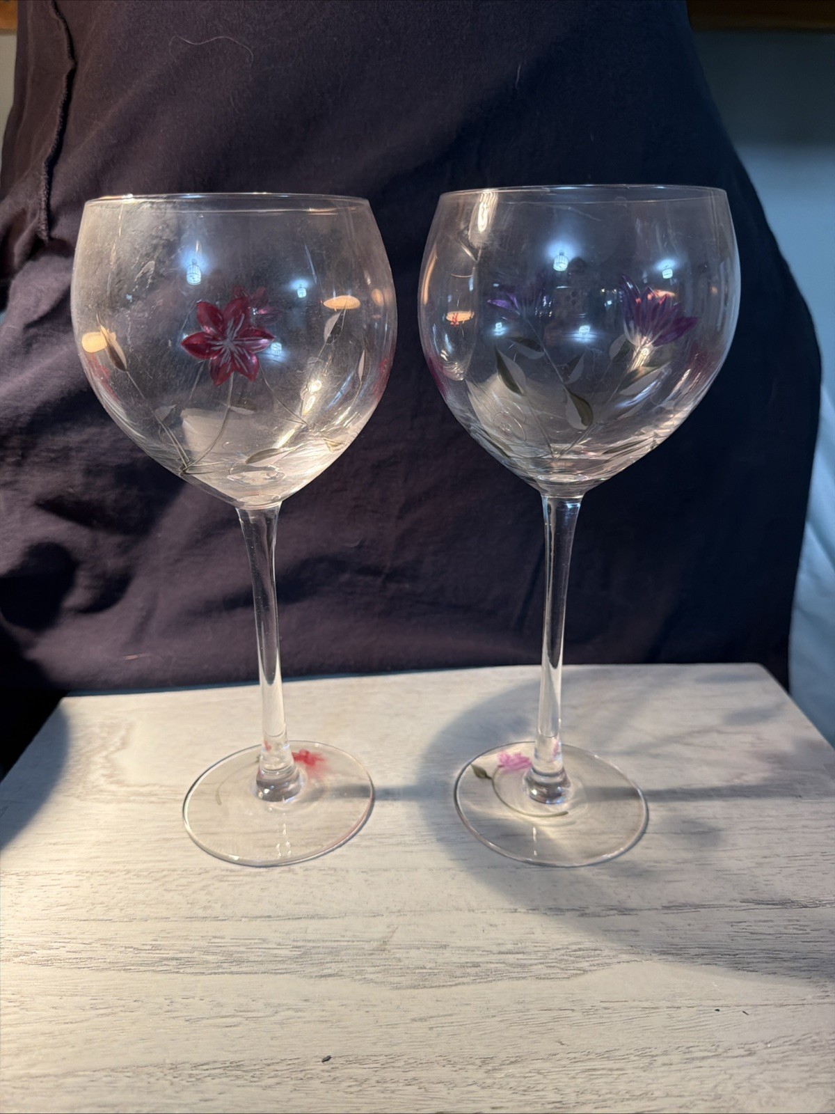 2 LENOX FLORAL SPIRIT BALLOON WINE GOBLETS PINK PURPLE  8 1/2”