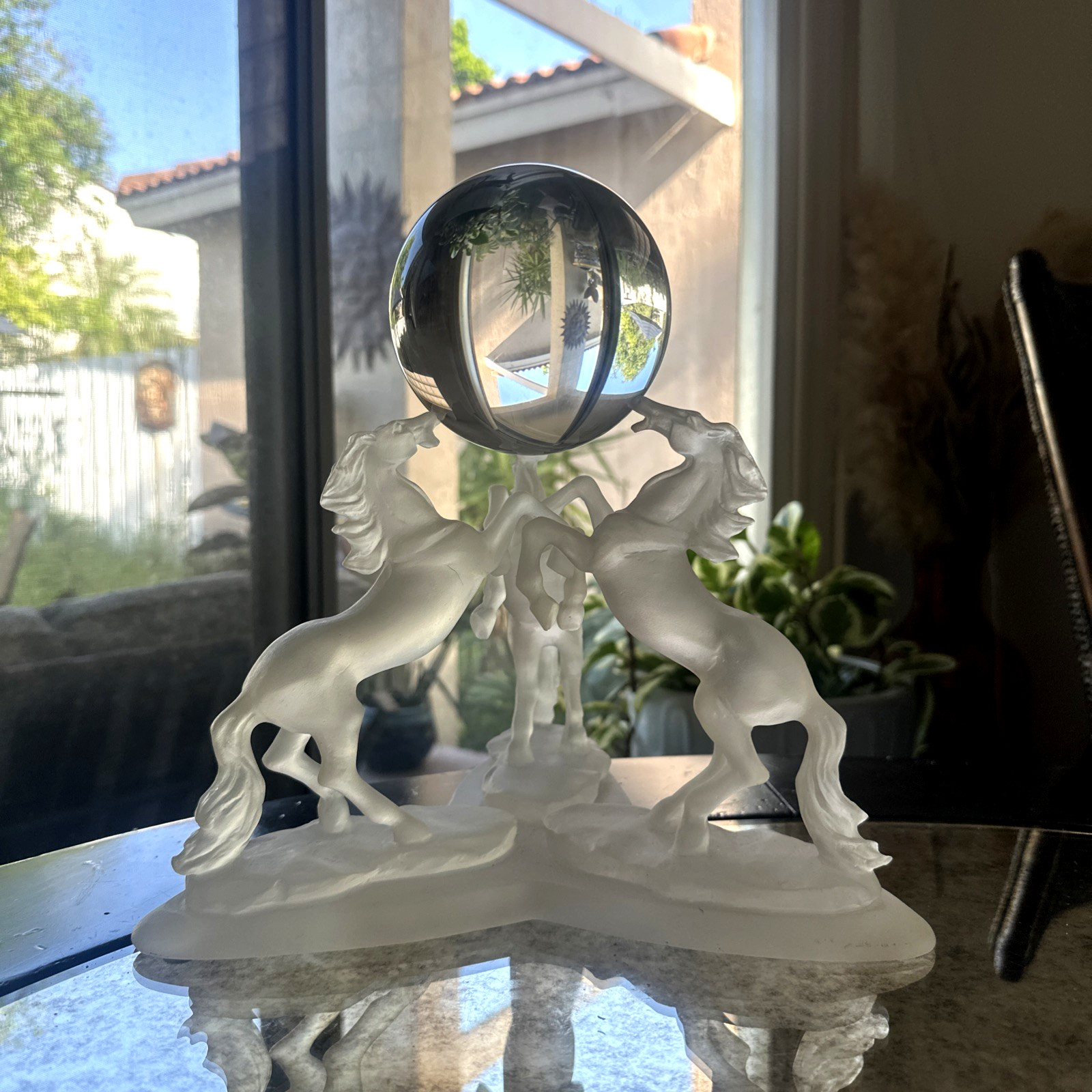 Vintage Frosted Resin/Lucite 3 Rearing Horses Holding Up A Crystal Ball