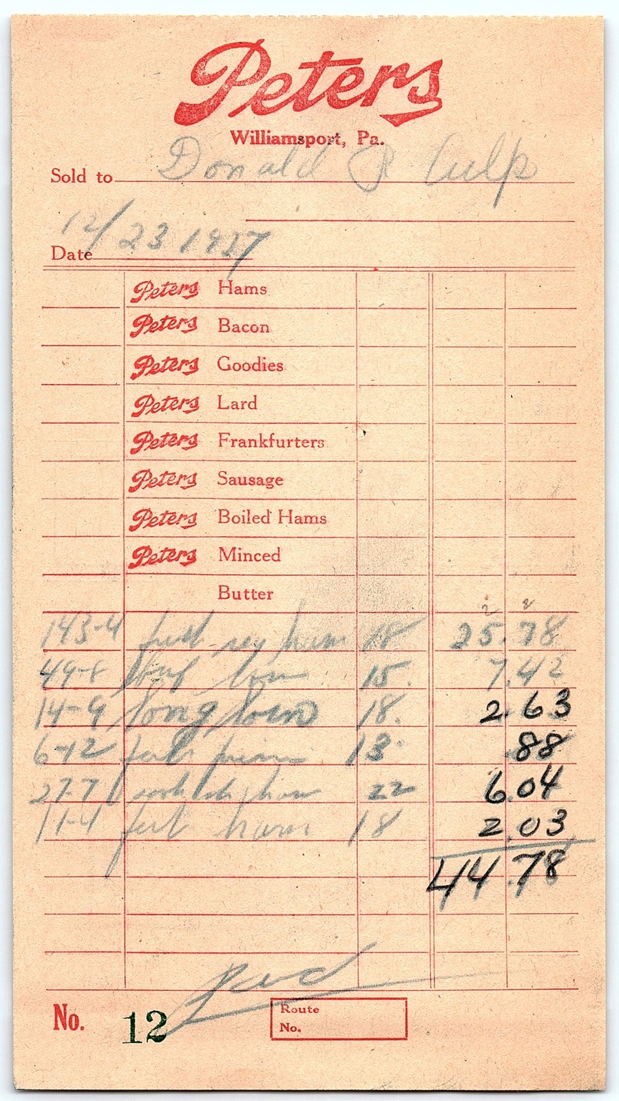 1917 Peters Williamsport PA Billhead - Meat & Dairy