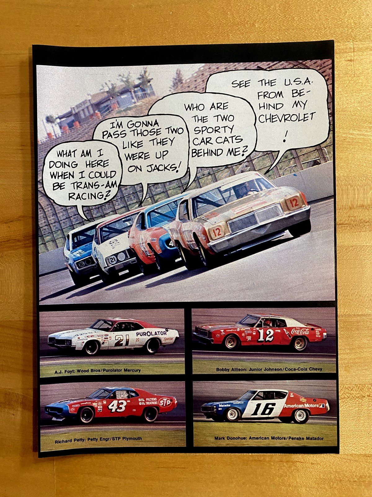 1972 Print Ad NASCAR Humor Richard Petty Bobby Allison AJ Foyt Mark Donohue