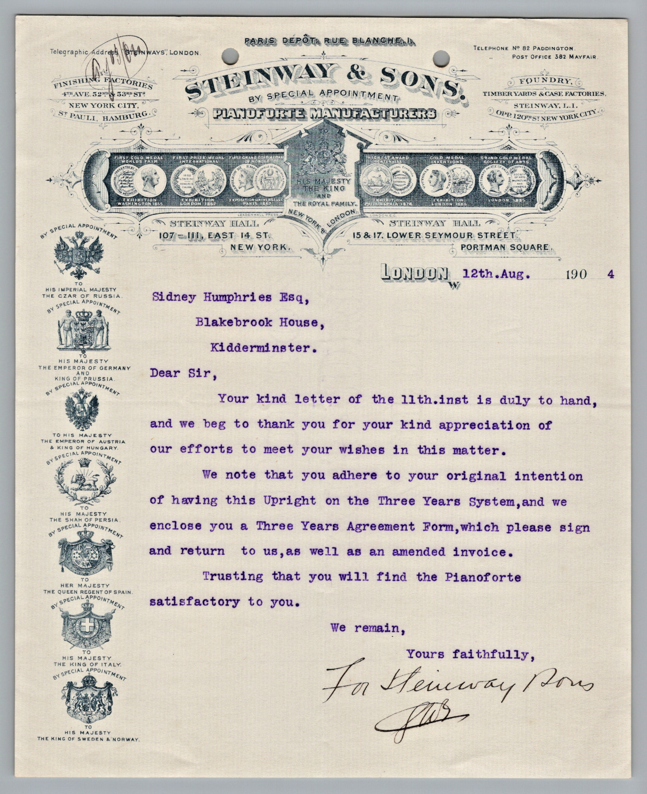 1902 Steinway & Sons Pianos London Hand Singed Letter