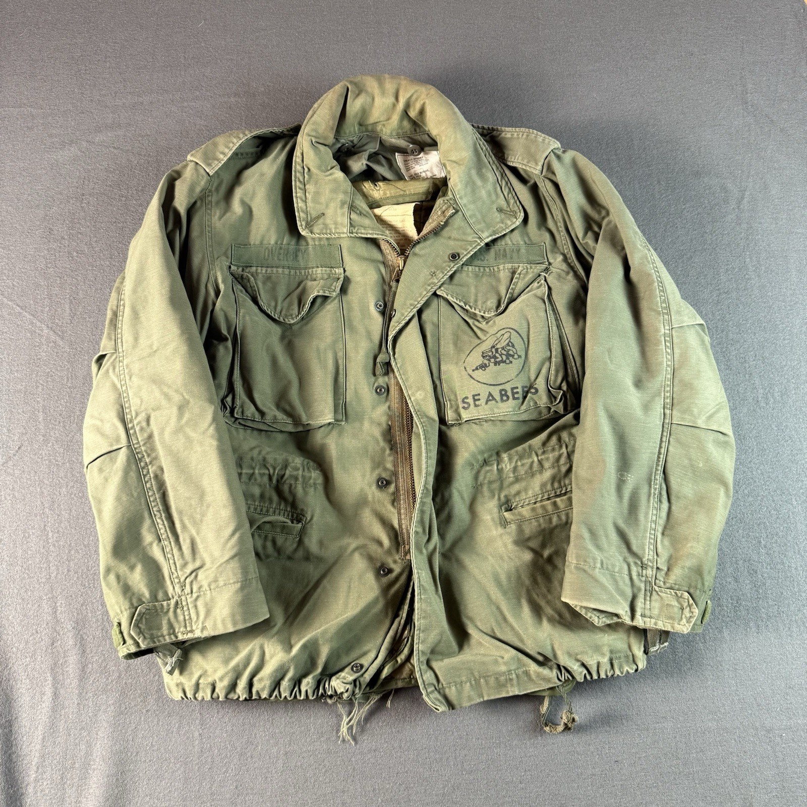 Vintage Military Jacket Small Short Field Coat M65 Green OG 107 Seabees US Navy